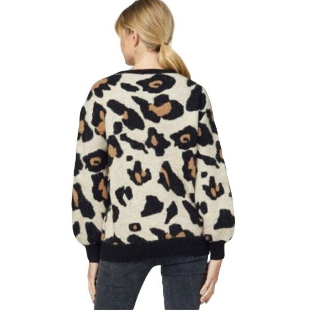 Entro Leopard Cheetah Knit Animal Print Balloon Sleeve Cozy Sweater Top - Picture 3 of 9